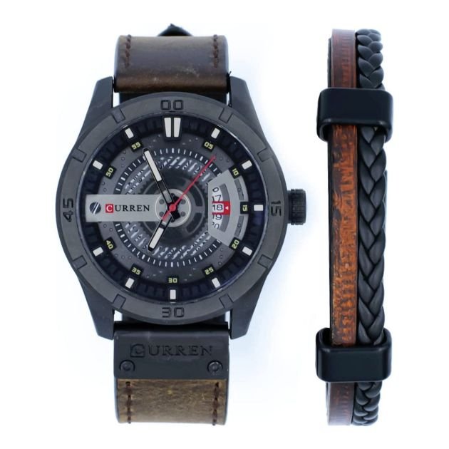 Montres – Ensemble montre homme bracelet cuir et Bracelet Tendance avec Fermoir Magnétique + Coffret Cadeau