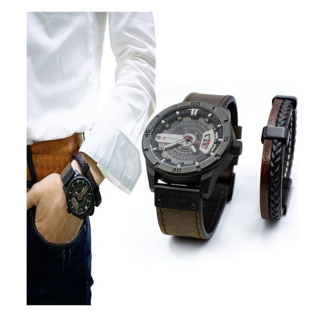 Montres – Ensemble montre homme bracelet cuir et Bracelet Tendance avec Fermoir Magnétique + Coffret Cadeau